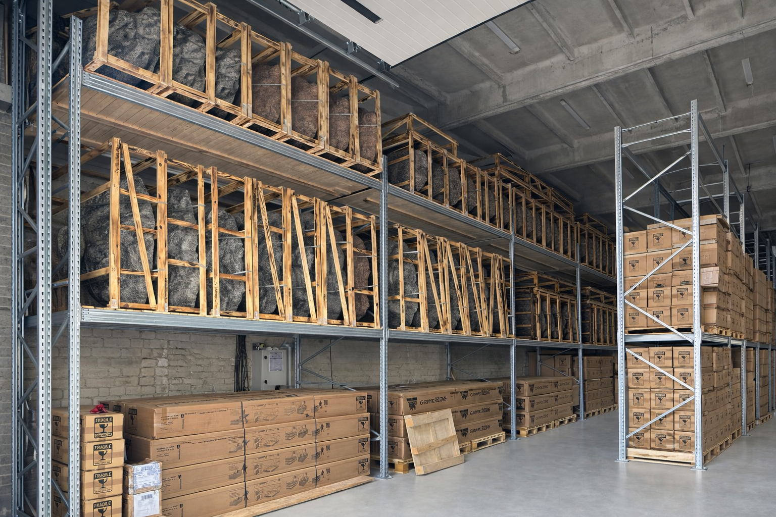 Organized warehouse with GARTENDEK artificial stones and garden beds stored on racks and pallets in EU stock